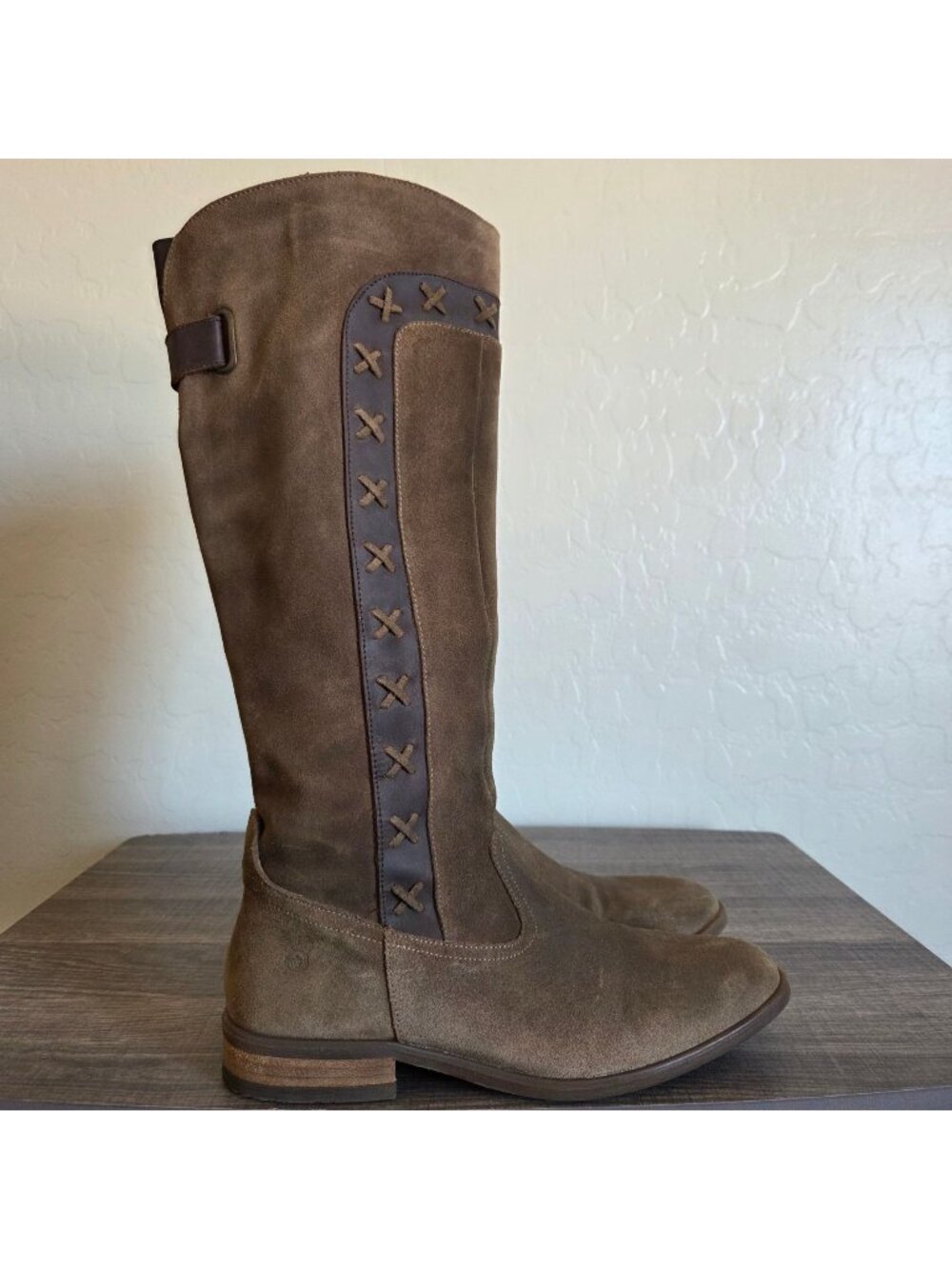 Born Suede Distressed Albi Tall Riding Boots Brown 8.5 Western Boho Cross Stitch - Picture 1 of 12